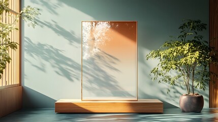 Poster - Cozy and serene minimal interior design with large window natural sunlight potted plant and warm wooden decor elements  Tranquil and inviting workspace or study area with a calm elegant atmosphere
