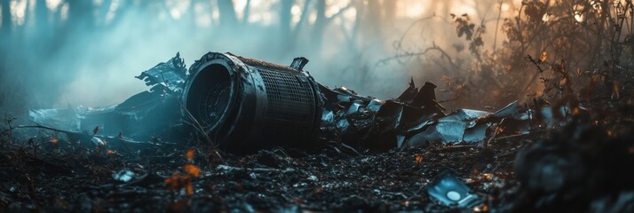 Poster - Black box recorder lies amidst debris of an airplane crash in a misty forest at dawn. Generative AI