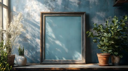 Aufkleber - Cozy and tranquil indoor botanical arrangement featuring a wooden framed window with natural sunlight streaming in accented by potted plants greenery and rustic decor elements  This minimalist