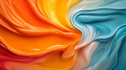 Poster - An explosive fluid pour combining hot oranges and radiant blues, the swirling motion frozen in a