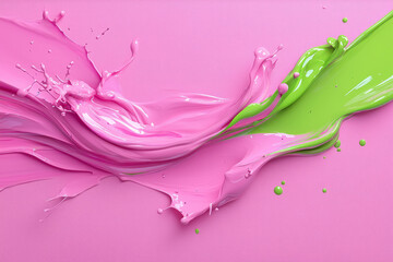 Poster - Energetic fluid art where neon green ribbons intermingle with hot pink splashes, forming smooth,