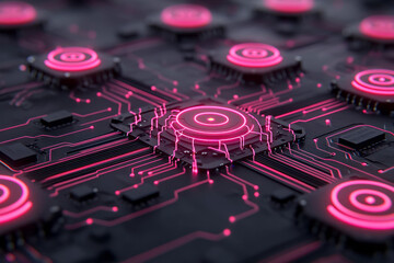 Fototapete - A macro view of a futuristic circuit board, each glowing connection pulsing in sequence with
