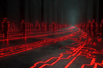 Poster - A moody, low-lit environment where the circuit boardâ€™s luminous tracks are the primary light