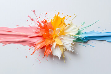 Leinwandbilder - A high-speed shot of a radiant bloom bursting apart in splashes of vibrant paint, each droplet