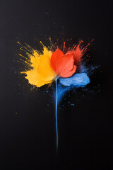 Poster - A close-up, slow-motion style view where splashes of red, yellow, and blue paint collide, giving