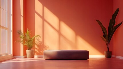 Aufkleber - Cozy minimalist interior with natural sunlight streaming through window creating a peaceful and relaxing atmosphere  Potted plants add a touch of nature complementing the simple and elegant decor