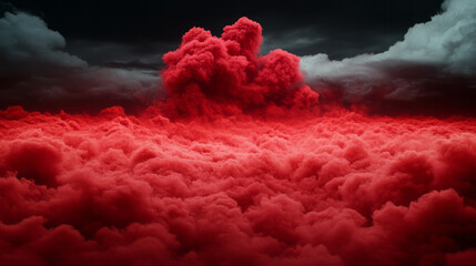 Aufkleber - A low-angle view of a concentrated red smoke eruption, the thick plumes rising against a dark sky,