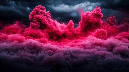 Aufkleber - A low-angle view of a concentrated red smoke eruption, the thick plumes rising against a dark sky,