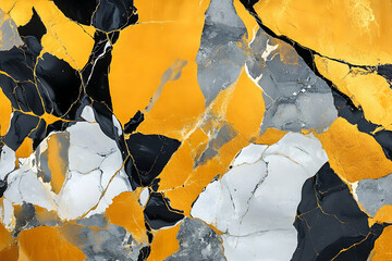 Poster - Abstract art painting with a background of gold, gray, and white marble texture, created using alcohol ink with thin black outlines