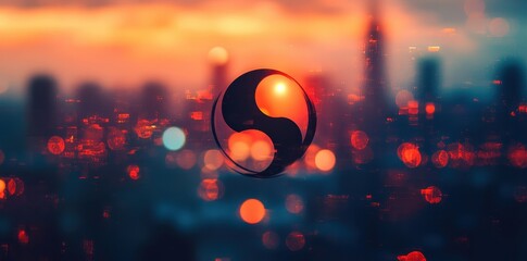 Poster - Spherical yin yang symbol hovering over a blurred cityscape