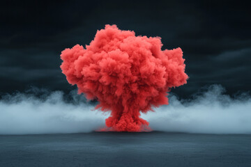 Poster - A nearly monochrome backdrop, aside from the bold scarlet smoke bloom, illuminated in strategic