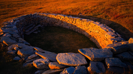 Aufkleber - A gently winding wall seen from above, the weathered stones bathed in late-afternoon light, subtle