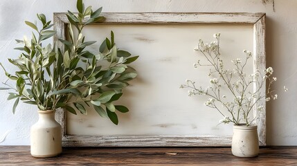 Aufkleber - Cozy rustic farmhouse decor with a wooden frame displaying a vase of fresh greenery and branches against a white wall  Minimalist and natural home interior design with a peaceful inviting atmosphere