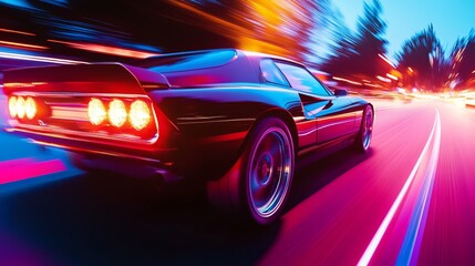 Wall Mural - Dynamic night scene of a sleek sports car racing through illuminated city streets