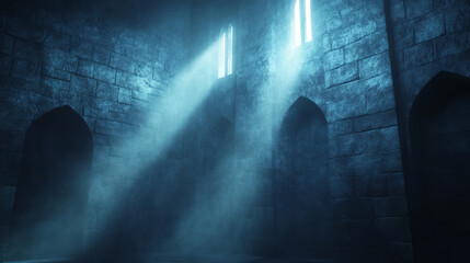 Aufkleber - A cinematic perspective showing the fortress wall running diagonally across the frame, luminous