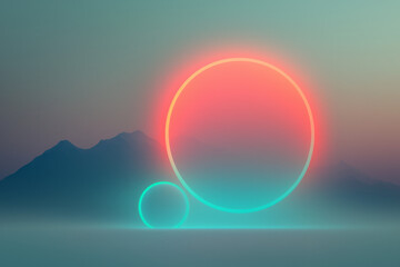 Poster - A minimal composition of three glowing orbs orbiting each other, with gradients of neon blue and