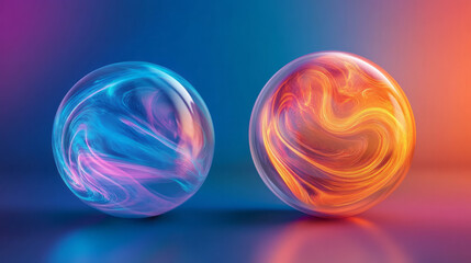Poster - A partially transparent sphere revealing swirling neon patterns inside, adjacent to another orb