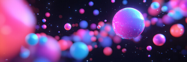 Aufkleber - A surreal, floating cluster of radiant orbs drifting in zero gravity, soft neon trails in blue and