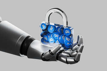 Poster - Robotic hand holding transparent padlock filled with Bitcoin coins, symbolizing secure crypto storage. 3D Rendering