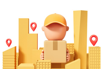 Poster - Delivery service concept with courier holding package in stylized urban environment. 3D Rendering