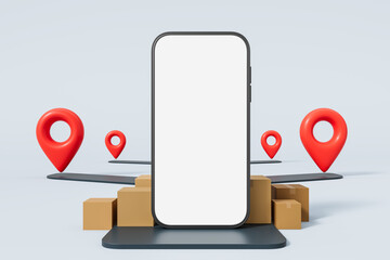 Poster - Smartphone mockup with blank screen, packages, and red location pins on light background. Concept of online shopping, delivery, and tracking. 3D Rendering