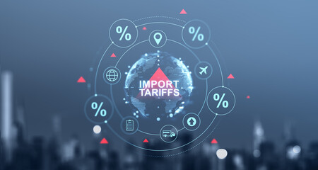 Poster - Import tariffs increase concept with global trade symbols.