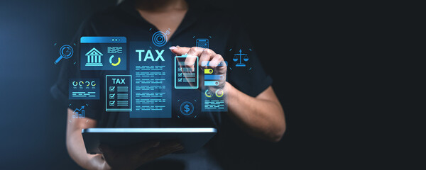 Poster - Holographic tax and financial management interface on a tablet screen.