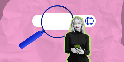 Poster - Woman using smartphone with web search concept on pink backgroun
