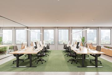 Poster - Modern open-plan office interior with large desks, ergonomic chairs, and computers. Bright space with green carpet and panoramic city view windows. 3D Rendering