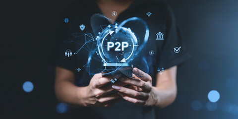 Poster - P2P payment technology hologram over smartphone in hands.