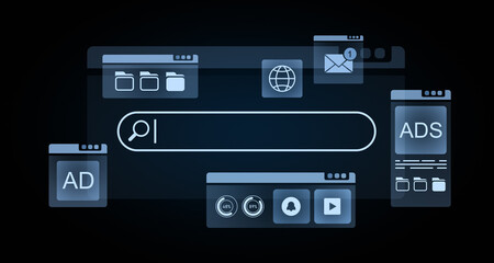 Poster - Search engine interface with icons on dark background. 3D Rendering
