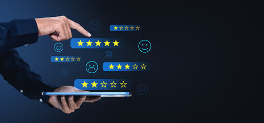 Poster - Customer feedback and rating concept with hand pointing at star levels on a digital screen.