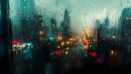 Wall Mural - a rainy window view with blurred city lights in the background, reflecting on raindrops creating an 