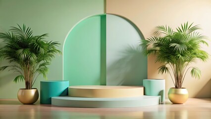 Wall Mural - abstract pastel green and beige room interior with plants and podium