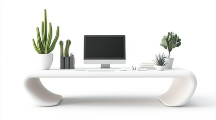 Poster - Modern Minimalist Workspace with Plants and Computer Setup