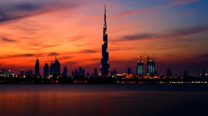 Aufkleber - Dramatic orange and pink sunset sky over the iconic skyline of Dubai United Arab Emirates