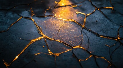 Wall Mural - A close-up of a cracked surface illuminated by a warm glow.