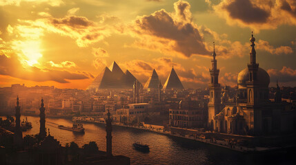Aufkleber - Dramatic sunset over the historic skyline of Istanbul Turkey featuring the iconic domes and minarets of the city s famous mosques reflected in the calm waters of the Bosphorus River  This scenic