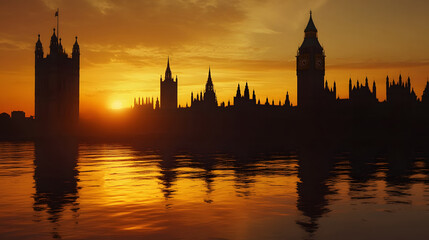 Aufkleber - Dramatic sunset over the iconic silhouetted skyline of historic medieval buildings spires and towers reflected in the tranquil river waters