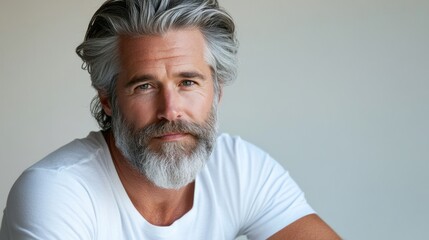 Poster - With a gentle smile and piercing gaze, the mature man in a simple white shirt radiates strength and wisdom. His grey hair and beard enhance his distinguished appearance, portraying a sense of calm