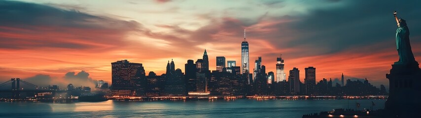 Leinwandbilder - Dramatic sunset over the iconic skyscrapers and skyline of a modern metropolitan city reflected in the calm waters of a river  The urban landscape with high rise buildings bridges