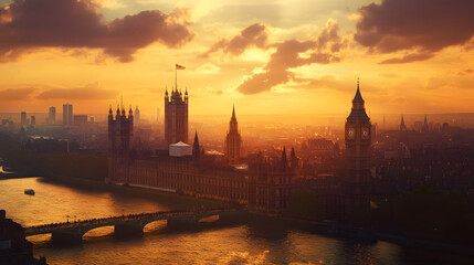 Aufkleber - Dramatic sunset sky bathing the iconic London skyline featuring the famous Big Ben clock tower and Houses of Parliament reflected in the River Thames