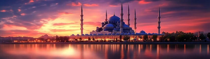 Aufkleber - Dramatic sunset view of the iconic Sultan Ahmed Mosque also known as the Blue Mosque reflected in the tranquil waters of Istanbul Turkey