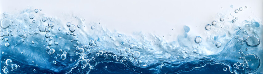 Poster - Dynamic and refreshing blue water splash with bubbles droplets and swirling motion  This transparent and clear liquid fluid creates a natural serene
