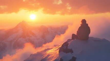 A person watching a beautiful sunset from a mountain top, feeling peaceful and grateful for the happiness in their life