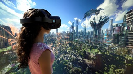 Poster - a person wearing a virtual reality headset, immersed in a digital world with realistic 3d simulation