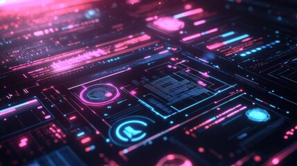 Fototapete - Visual representation of digital interface with neon lights and data patterns during a futuristic technology backdrop. Generative AI