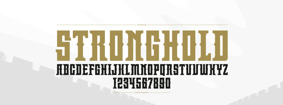 Colossal and monumental epic font, vintage vector typeface for emblems and logos, titles and headlines, display typography in old vintage antique style of empire power.