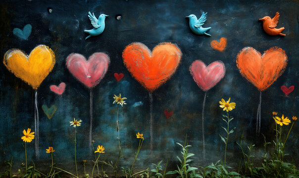 Black textured background with painted birds, flowers and hearts.