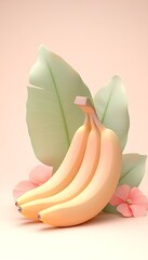 Wall Mural - A vibrant arrangement of three ripe bananas nestled among lush green leaves and pink flowers